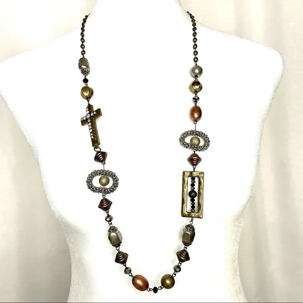 Cross Necklace Copper Silver Gold Toned Beaded Long